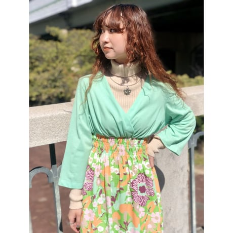 70s Green and floral maxi dress【01229】