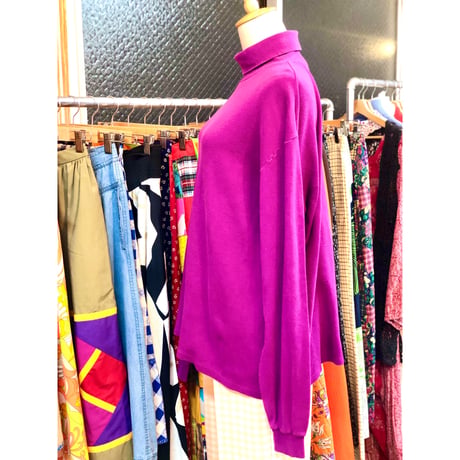 90s Turtleneck cotton top / Raspberry【01020】