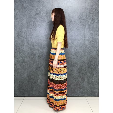 70s Orange floral maxi skirt【01452】