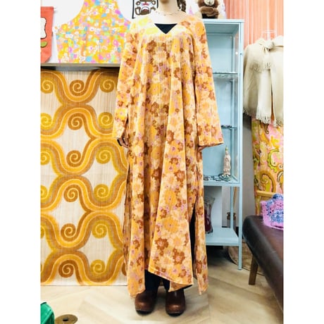 Vintage orange floral maxi dress【01217】