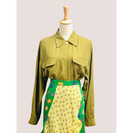80s Green rayon blouse【00427】