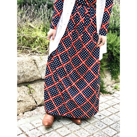 70s Dot & Floral maxi dress【01102】