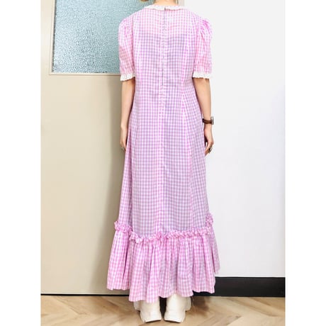 70s Purple gingham maxi dress with bonnet【00926】