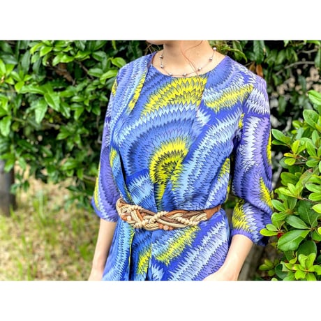 60s Blue african batik maxi dress【00278】