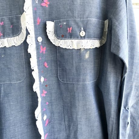 70s Butterfly paint chambray shirt【01292】