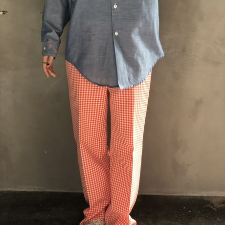 70s Red & White gingham poly pants【01290】