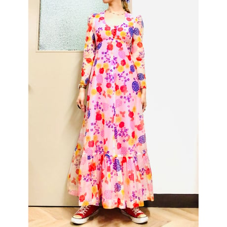 70s Hawaiian sheer maxi dress【00830】