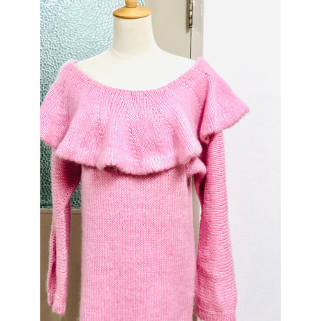 80s Knit pink dress【00589】