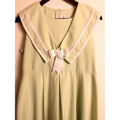 80s Lime green sailor collar dress【00312】