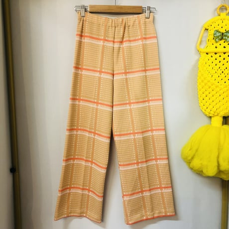 70s Orange plaid poly pants【01234】