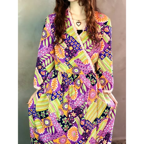 60s Psychedelic floral maxi wrap dress【01246】