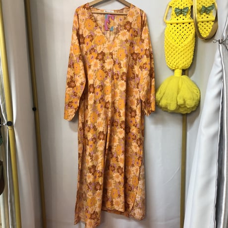 Vintage orange floral maxi dress【01217】