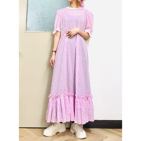 70s Purple gingham maxi dress with bonnet【00926】