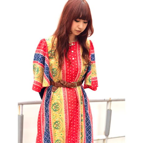 70s Red maxi dress【01075】