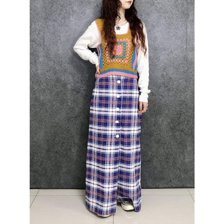 70s Blue plaid maxi skirt【01453】