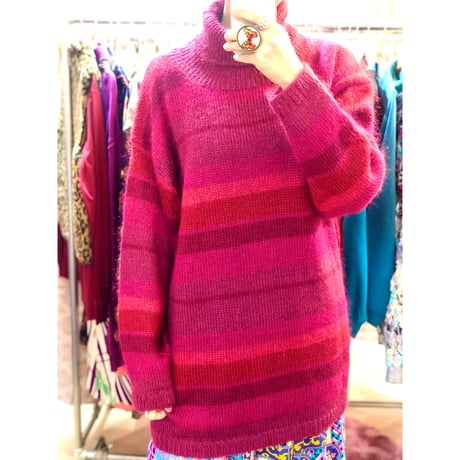 80s Pink border knit sweater【01058】