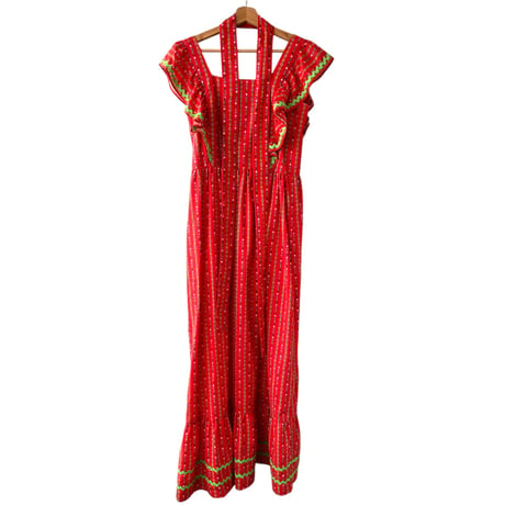 70s Red floral maxi dress【01314】