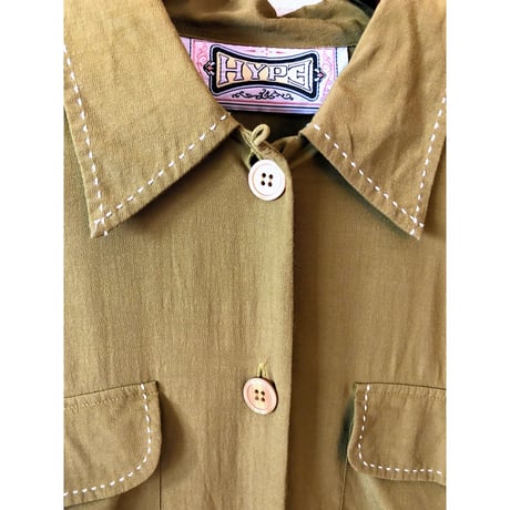 80s Green rayon blouse【00427】