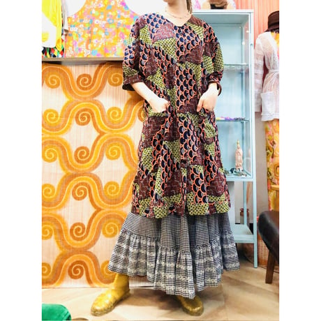 Orange×Yellow African batik dress【01188】