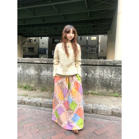 70s Floral patchwork maxi skirt【01231】