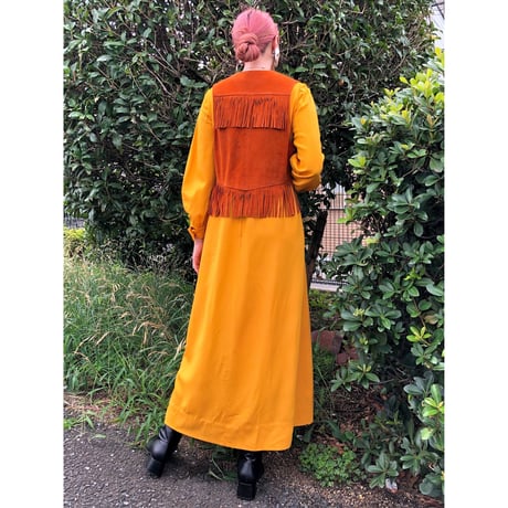 60s Handmade yellow maxi dress【00394】