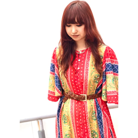 70s Red maxi dress【01075】