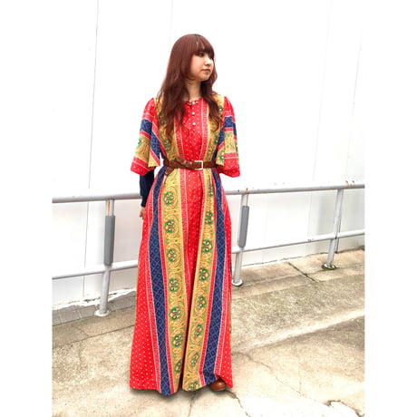 70s Red maxi dress【01075】