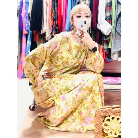 70s yellow floral maxi dress【00834】