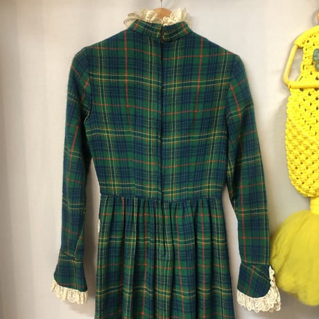70s Green plaid wool maxi dress【01228】