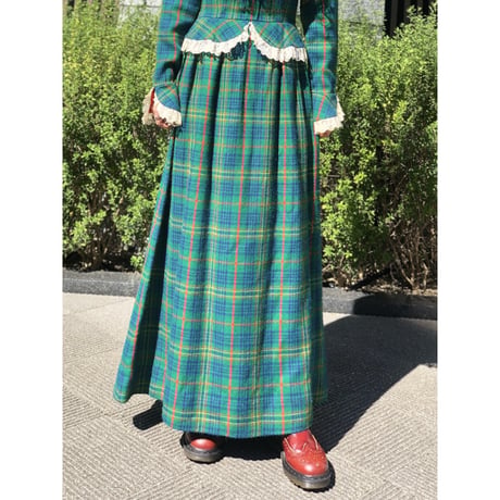 70s Green plaid wool maxi dress【01228】