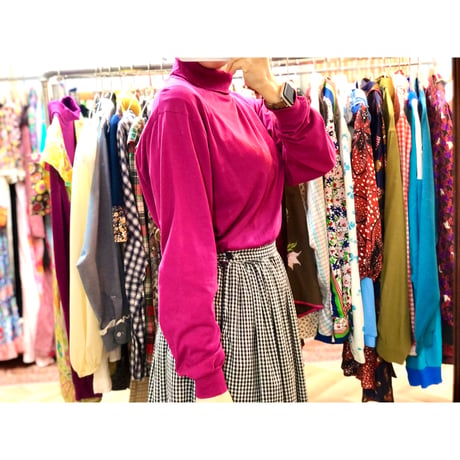 90s Turtleneck cotton top / PINK【01019】