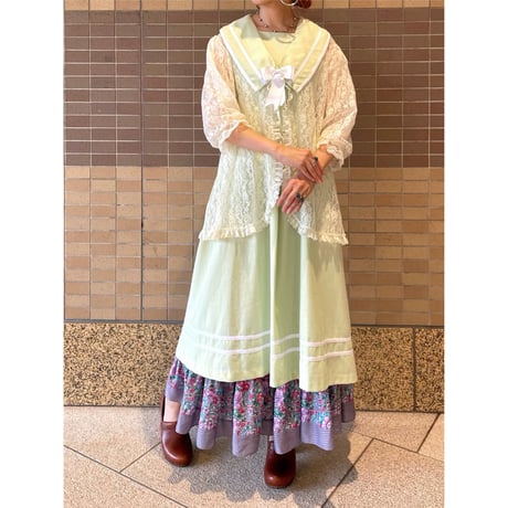 80s Lime green sailor collar dress【00312】