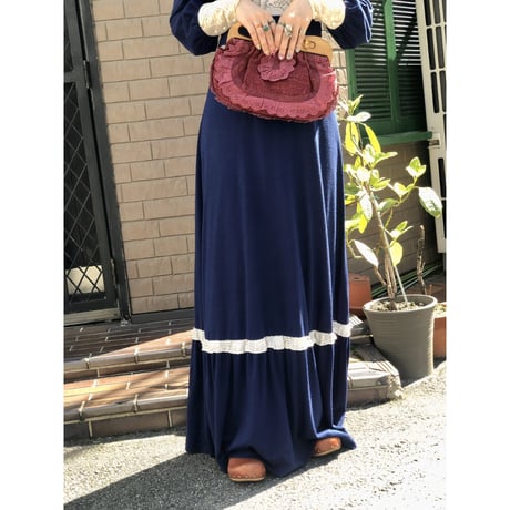 70s Navy prairie maxi dress【01224】