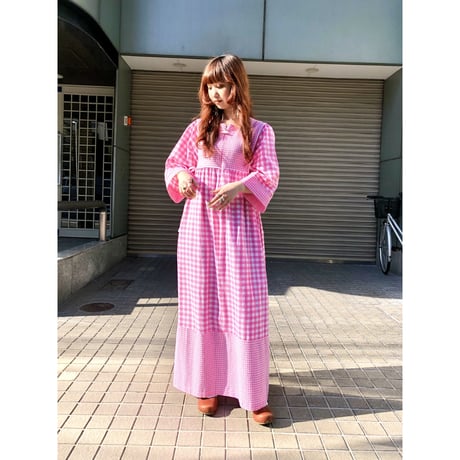 Vintage pink gingham maxi dress【01104】