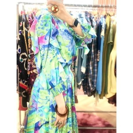 80s MONTAGE NIGHT watercolor ruffle dress【00976】