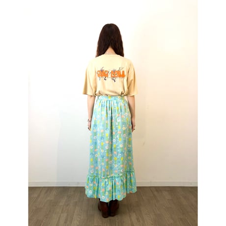 70s Light blue floral maxi skirt【01319】