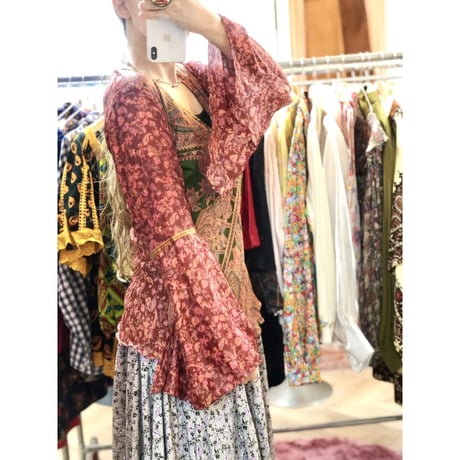 Vintage flare sleeve silk top【01198】