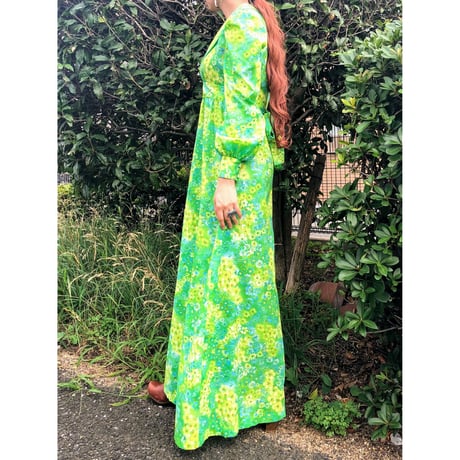 70s Lime green ｍaxi dress【00397】