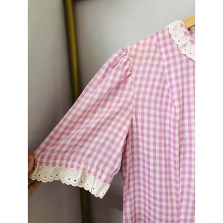 70s Purple gingham maxi dress with bonnet【00926】