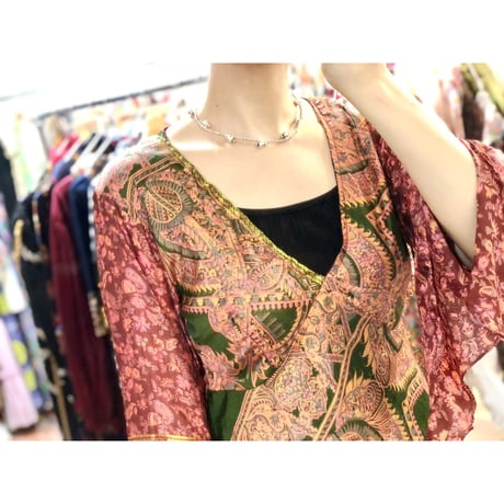 Vintage flare sleeve silk top【01198】