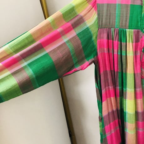70s Plaid indian cotton dress【00627】