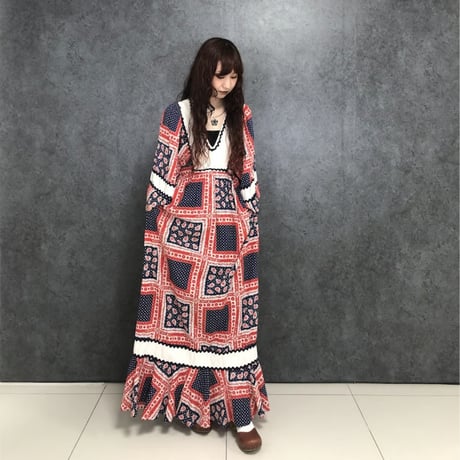 70s Bandana hippie maxi dress【01465】