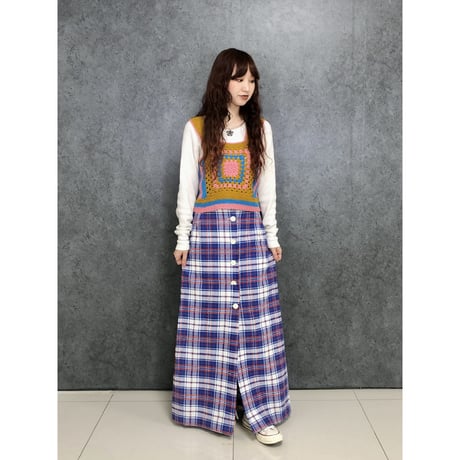 70s Blue plaid maxi skirt【01453】