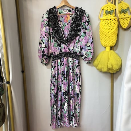 80s Floral ruffle dress 【01216】