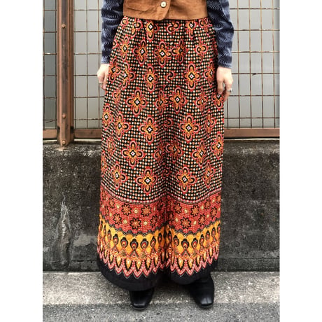 60s Orange floral quilted maxi skirt【01426】