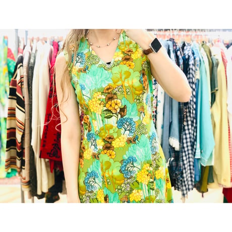 Vintage botanical sleeveless dress【00837】