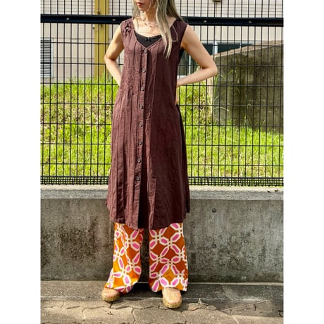 Vintage brown sleeveless long dress【01509】