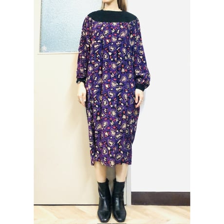 Casi Vintage purple print silk dress【01037】