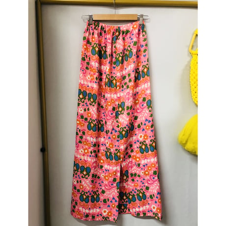 60-70s Pink floral maxi skirt【00940】