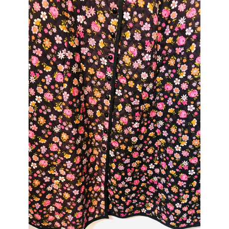 70s Black floral quilted maxi skirt【01081】